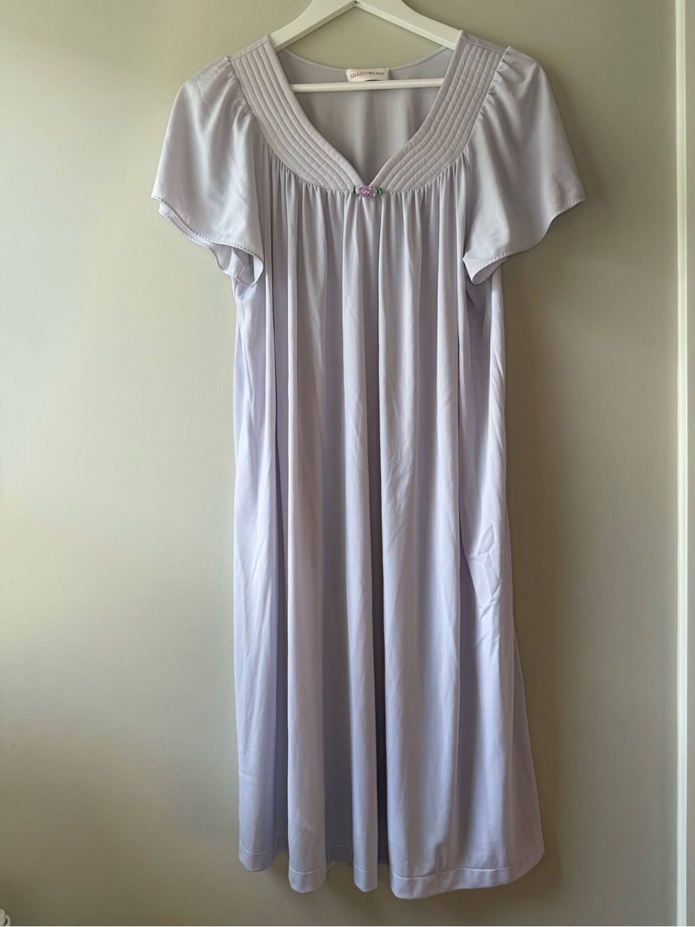 Vintage Shadowline Lavender Nylon Nightgown Short Sleeve Rosette Detail
